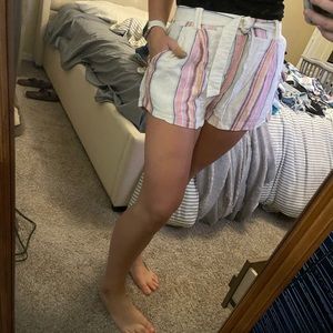 multicolored striped shorts with a tie.